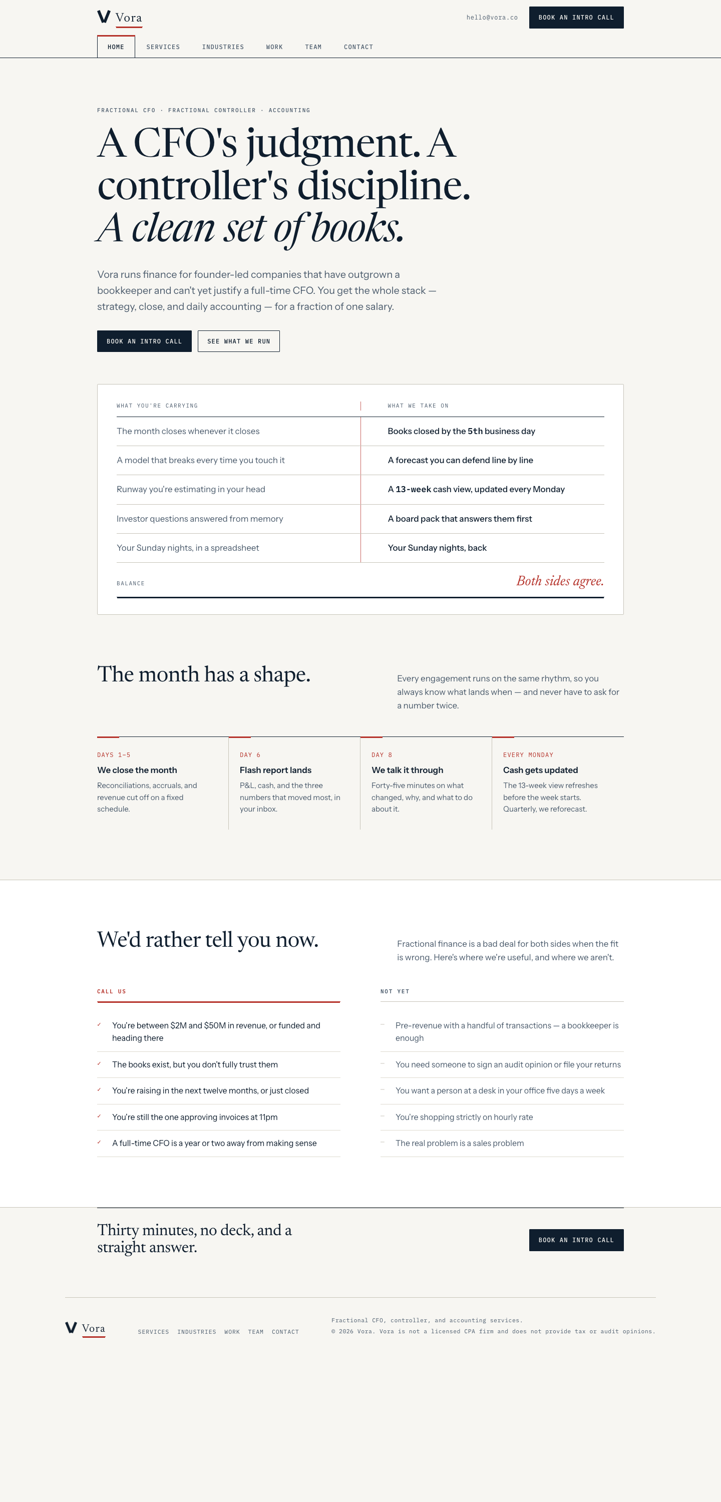 Original Vora homepage: left-aligned serif hero, ledger table, cadence row
